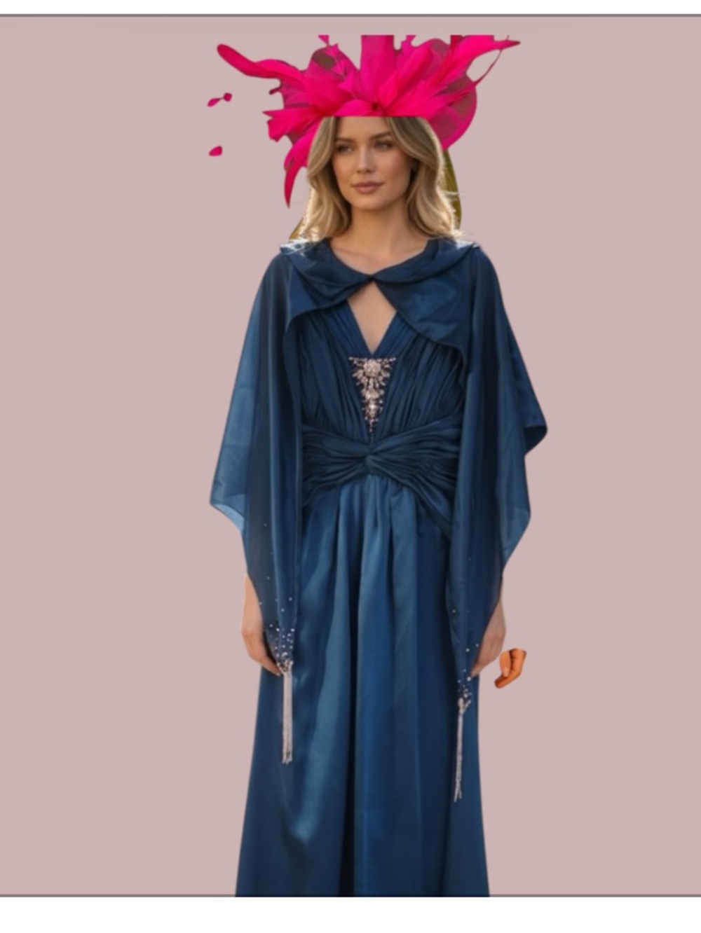 Mon Cheri Navy Blue Satin Maxi Dress Halter With Shawl Derby Wedding